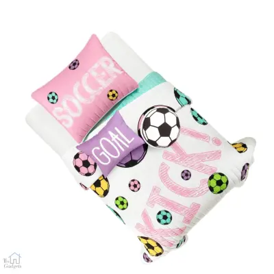 White_Turquoise Girls Soccer Kick 4 Piece Quilt & Comforter Set